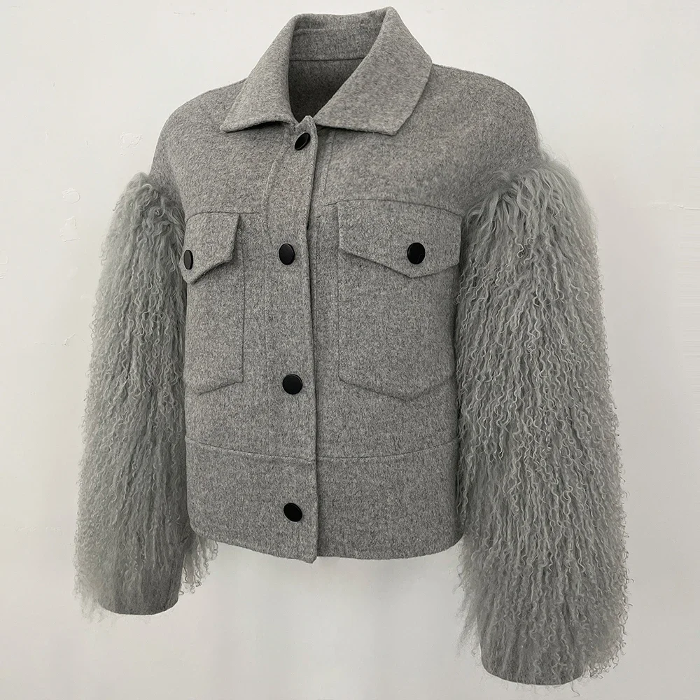 OFTBUY réel manteaux de fourrure mongole femme veste de laine automne manteau de laine poche manches longues femmes recadrée laine mélange vêtements d'extérieur