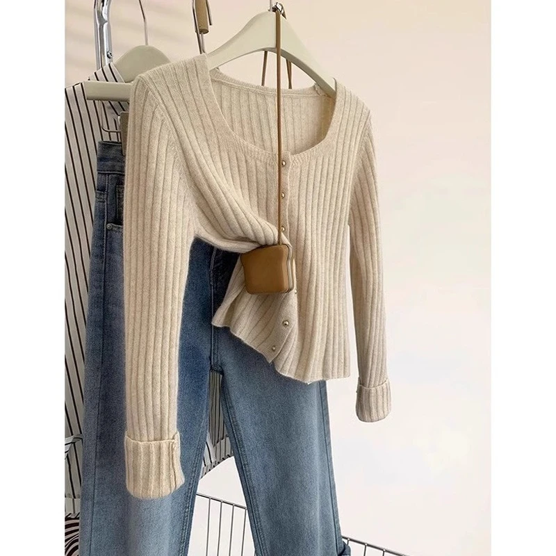 

Solid Color Knit Cardigan Autumn New Square Collar Long Sleeve Button Female Sweater Elegant Casual Slim Fit Top