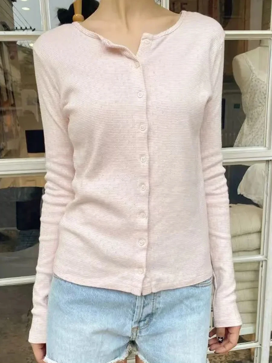 

New Pink Striped Eyelet Long Sleeve T-Shirt Spring O-neck Single Breasted Cotton Tees Women Retro Sweet Cute Slim Tshirt Y2k Top
