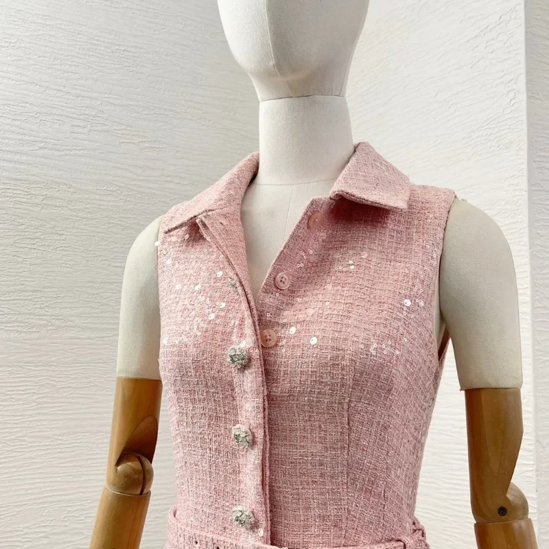 Women\'s Mini Dress Pink Sleeveless Tweed Turn Down Collar Pleat Elegant Ladies New High Quality 2024