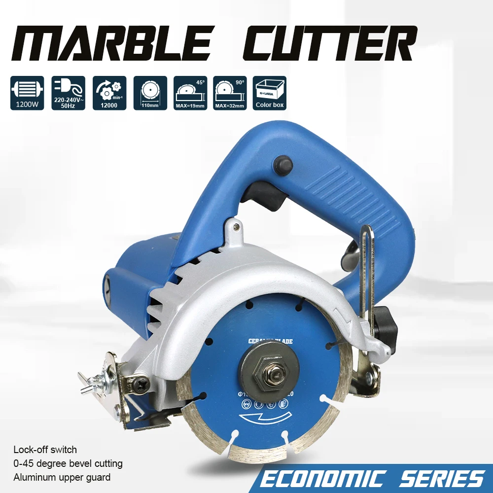 Scie à carrelage et maçonnerie électrique EU 1200W pour marbre et céramique, coupe biseautée 0-45 degrés et profondeur 0-32 mm