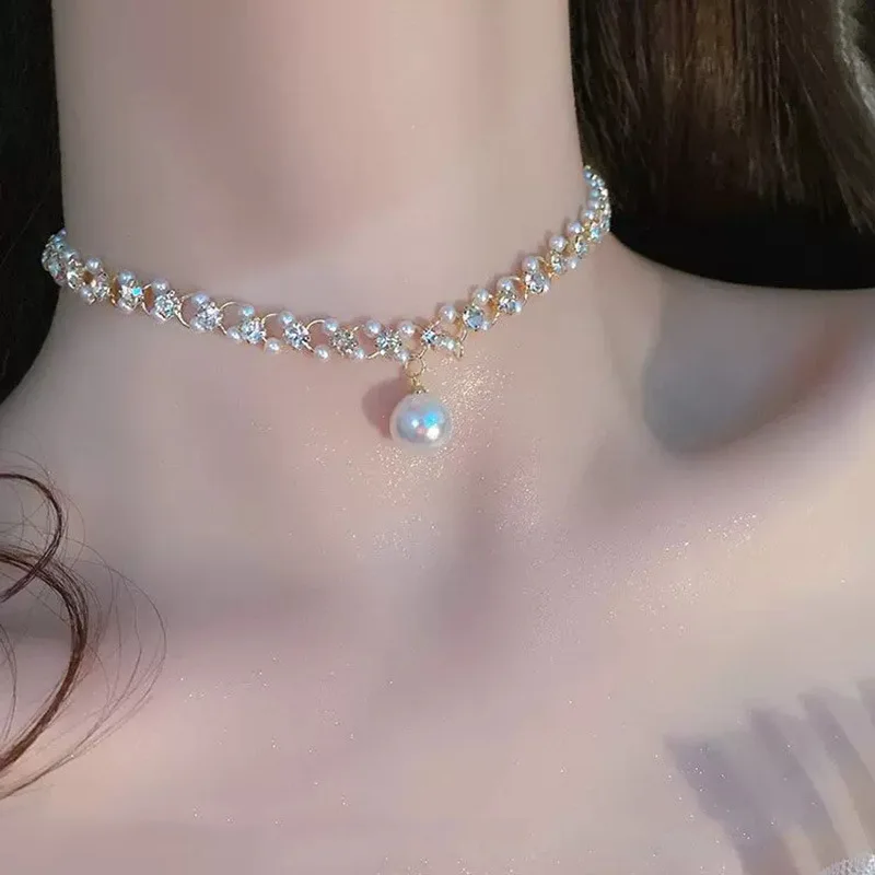 Vintage Elegant Double -Layer Pearl Necklace Bow Water Droplet Pendant Neck Chain for Women Girl Party Jewelry HUANZHI 2023 NEW image 6