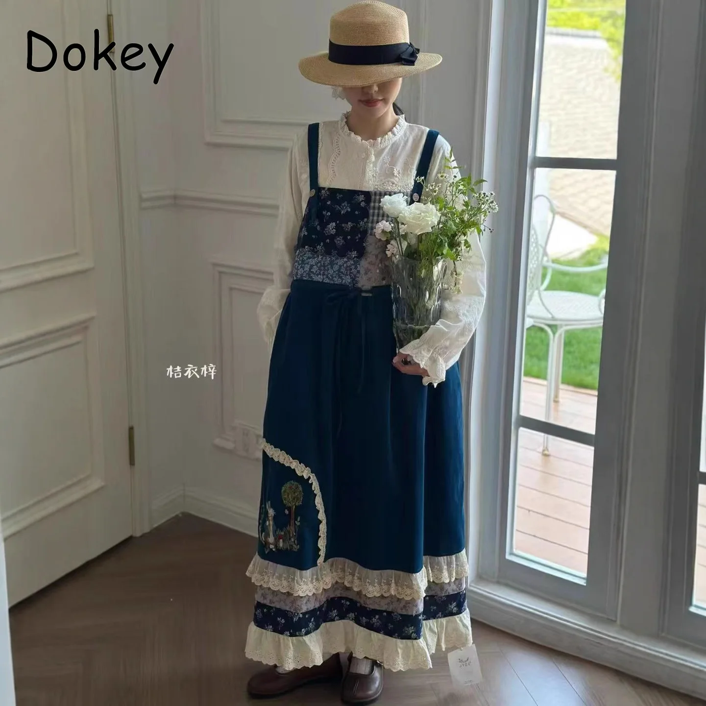 Abito generale Lolita in velluto a coste vintage Abito da donna giapponese Mori Girl Patchwork Abito con bretelle Kawaii + set di camicie bianche a maniche lunghe
