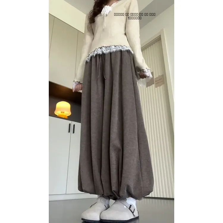 카키색 레이지 니트 라이스 누들 팬츠 스커트 여성용 하이웨이스트 루즈 캐주얼 봄 가을 신상 와이드 레그 케트 팬츠