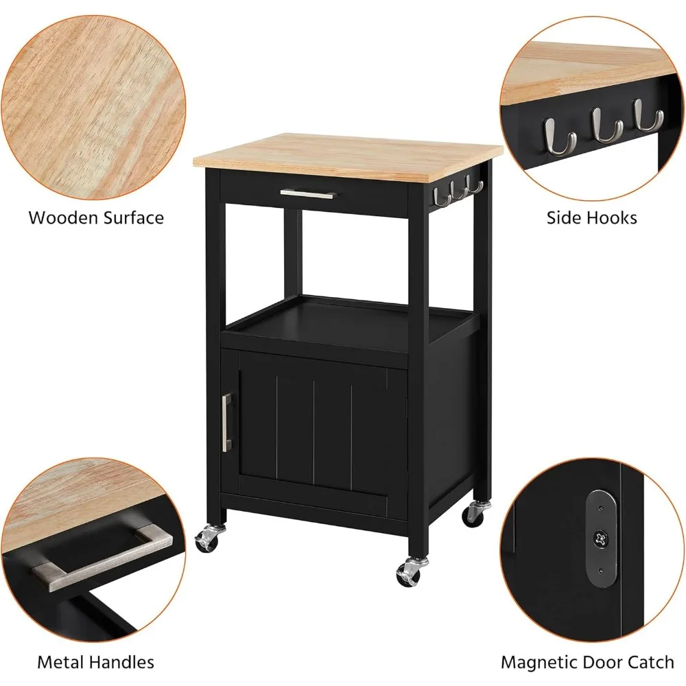 Small Kitchen Island on Wheels with Wood Top and Drawer, Trolley Cart with Open Shelf and Storage Cabinet for Dining Room, image 6
