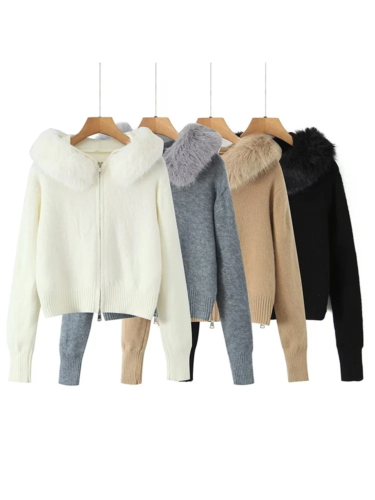 

European and American style autumn women's clothing new fashion all-match solid color fake fur collar zipper cardigan sweater