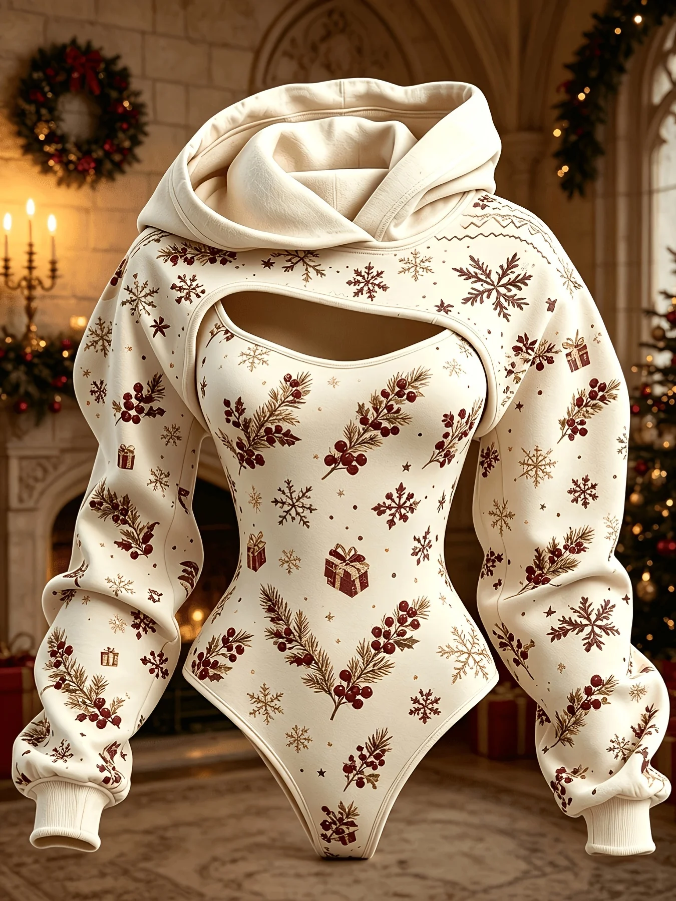 Women 2Pcs Christmas Cream Candy Cane Gift Snowflake Print Bodysuit + Hooded Shrug Xmas Costume