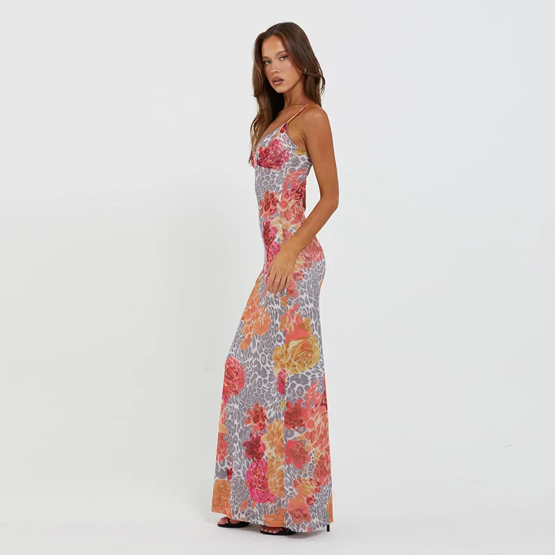 Summer 2024 New Slim Fit Spicy Girl Long Dress European And American Style Sexy Leopard Pattern Suspended Dress JY24170PFO