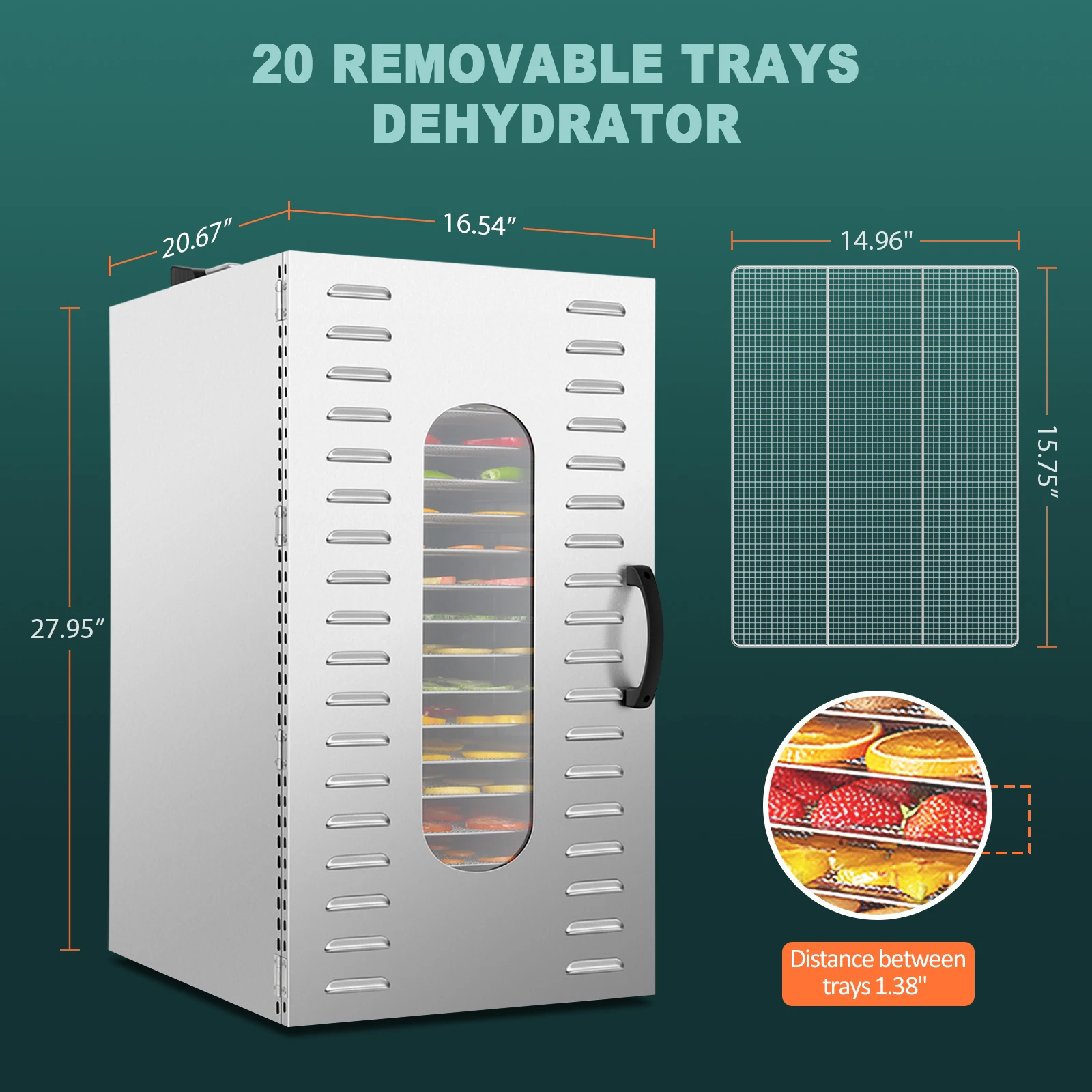 Dehidrator makanan Stainless Steel, pengering dehidrator komersial 20 nampan untuk buah, daging, sapi, dendeng, rempah dengan Timer yang dapat disesuaikan