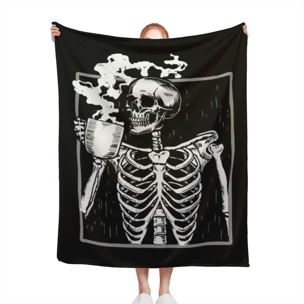 

Skeleton Skull Drinking Coffee Funny Halloween Blanket Flange Textile Decor Portable Super Soft Throw Blankets for Home Quilt