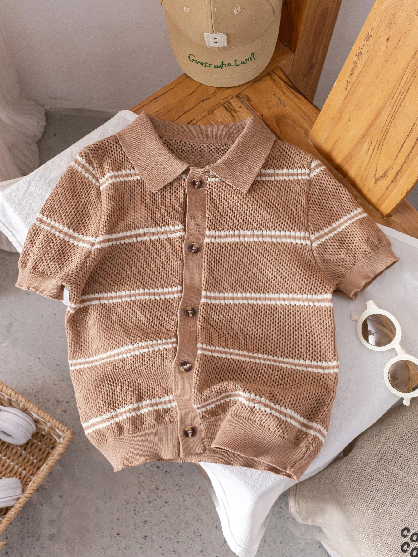 Boys' Casual Style Color Hollow Out Collar Polo Shirt Short-Sleeved Thin Knit Sweater Pullover Sweater
