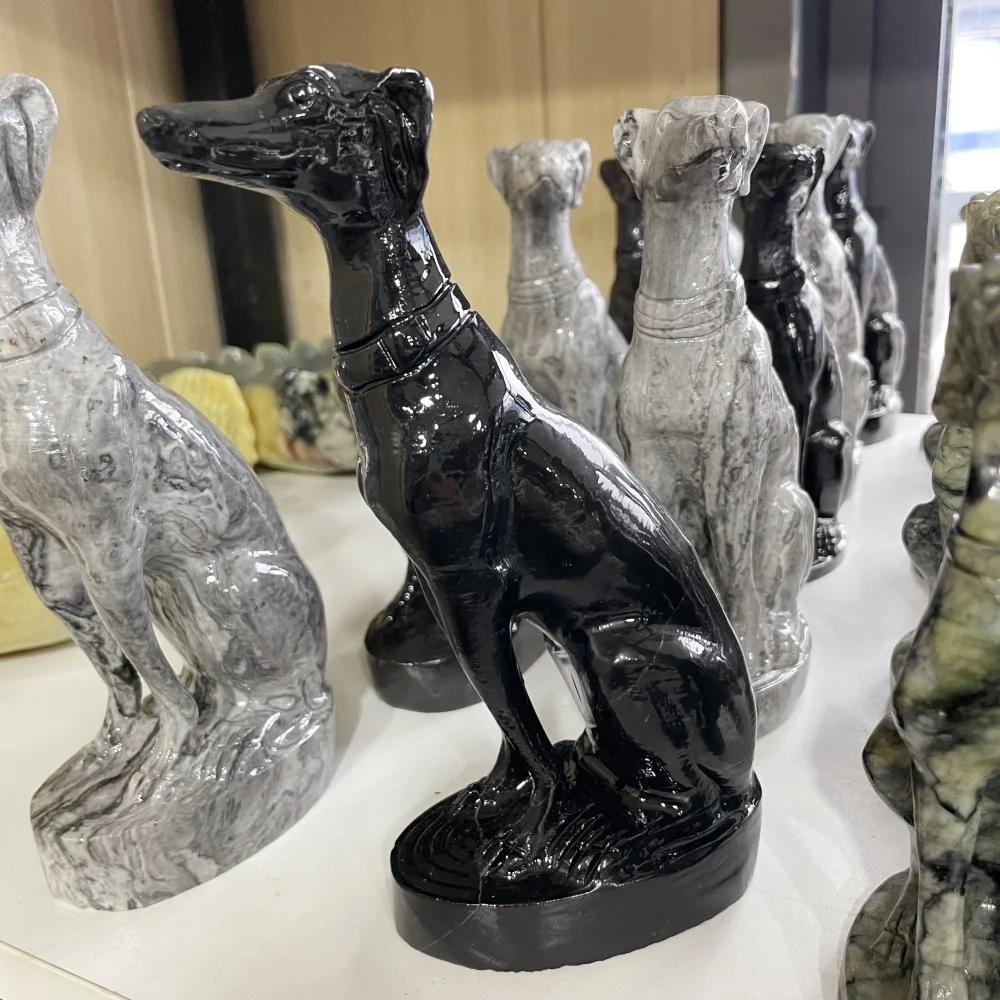 18cm Hand Carved Natural Obsidian Greyhound Statue Sitting Hound Dog Crystal Statue Home Decoration Pet Lover Collectible Gift