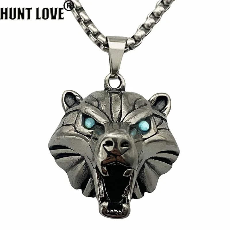 1Pcs Stainless Steel Caucasus Bear Pendant Wizard Wild 3 Cosplay Game Medallion Blue Crystal Rhinestone Animal Chain Necklace