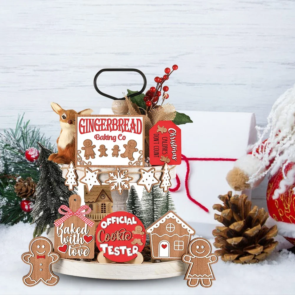 12pcs Gingerbread Man Tiered Tray Decor Decorative Christmas Gingerbread Tray Decor Multi-purpose for Farmhouse Kitchen Tabletop