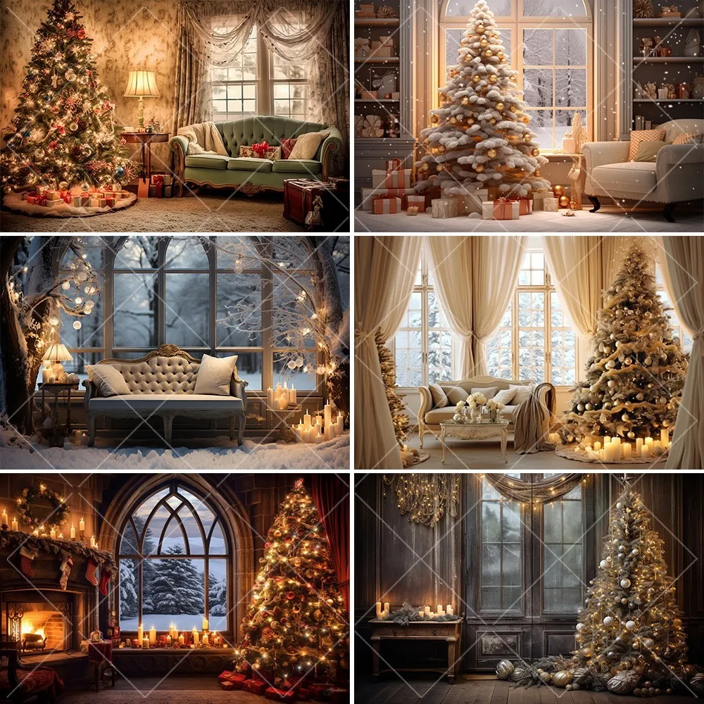 

Bonvvie Christmas Photography Background Window Fireplace Xmas Tree Gift Family Party Decor Baby Portrait Backdrop Photo Studio