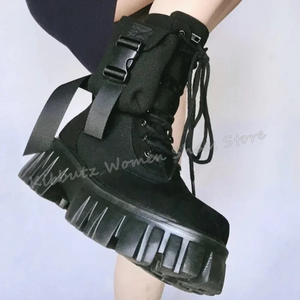 Pockets Suede Ankle Boots Platform Thick Bottom Round Toe Lace-Up Solid Color Fashion Elegant Concise Sexy Outdoor Shoes Newest