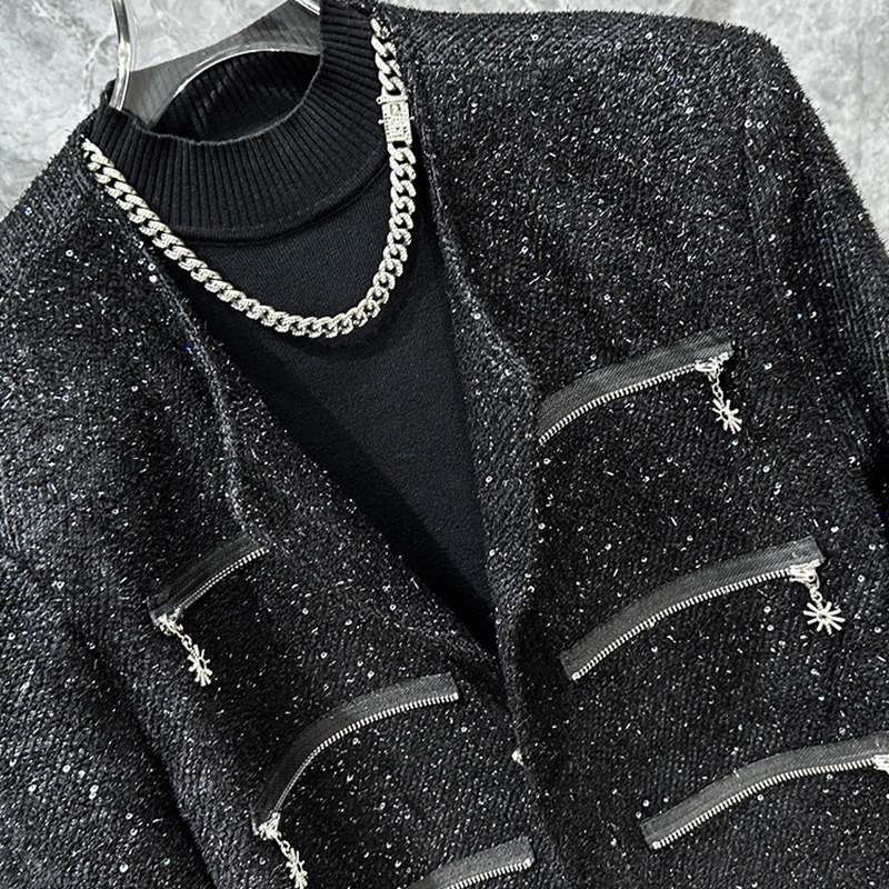 PFHQ Short Jacket Sequins Multiple Zippers Design Fashion Trendy Long Sleeve Darkwear 2024 Male Tops Korea Casual 21Z5591