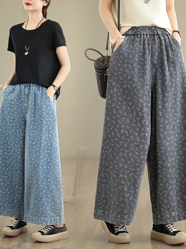 

Retro Artistic Casual Ethnic Floral Print Loose plus Size Women's Straight Leg Jeans Cotton l Waist Non-Stretchy