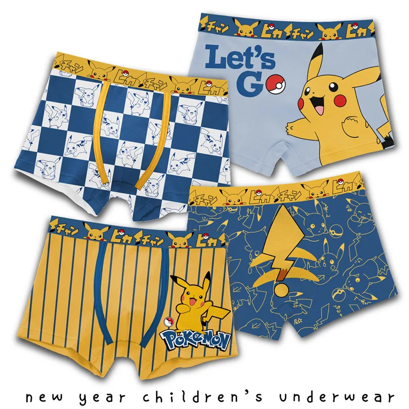 PokémonPikachu cartoon printed pure cotton children's underwear for boys without PP comfortable breathable boxers shorts 4 packs