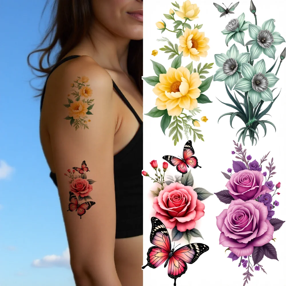 9pcs Flowers Temporary Tattoos for Men Women Plant Daffodil Rose Peony Fake Tattoo Sticker Waterproof Body Arm Tattoo Stickers