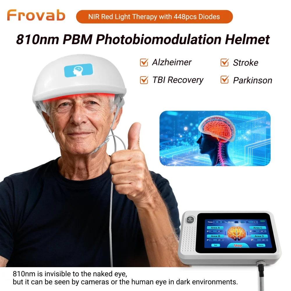

Frovab Новый шлем для терапии мозга NIR PBM 810 нм, 24 Вт, неинвазивное стимуляционное устройство для лечения Альцгеймера, Паркинсона, инсульт, 448 диодов