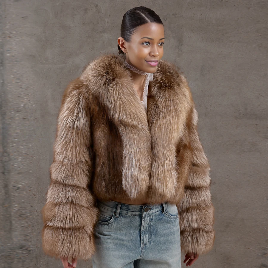 Kurzer Fuchspelzmantel mit Schalkragen, abgeschnittene natürliche Fuchspelzmäntel, Winterjacke für Damen, modische Kleidung, echter Pelzmantel