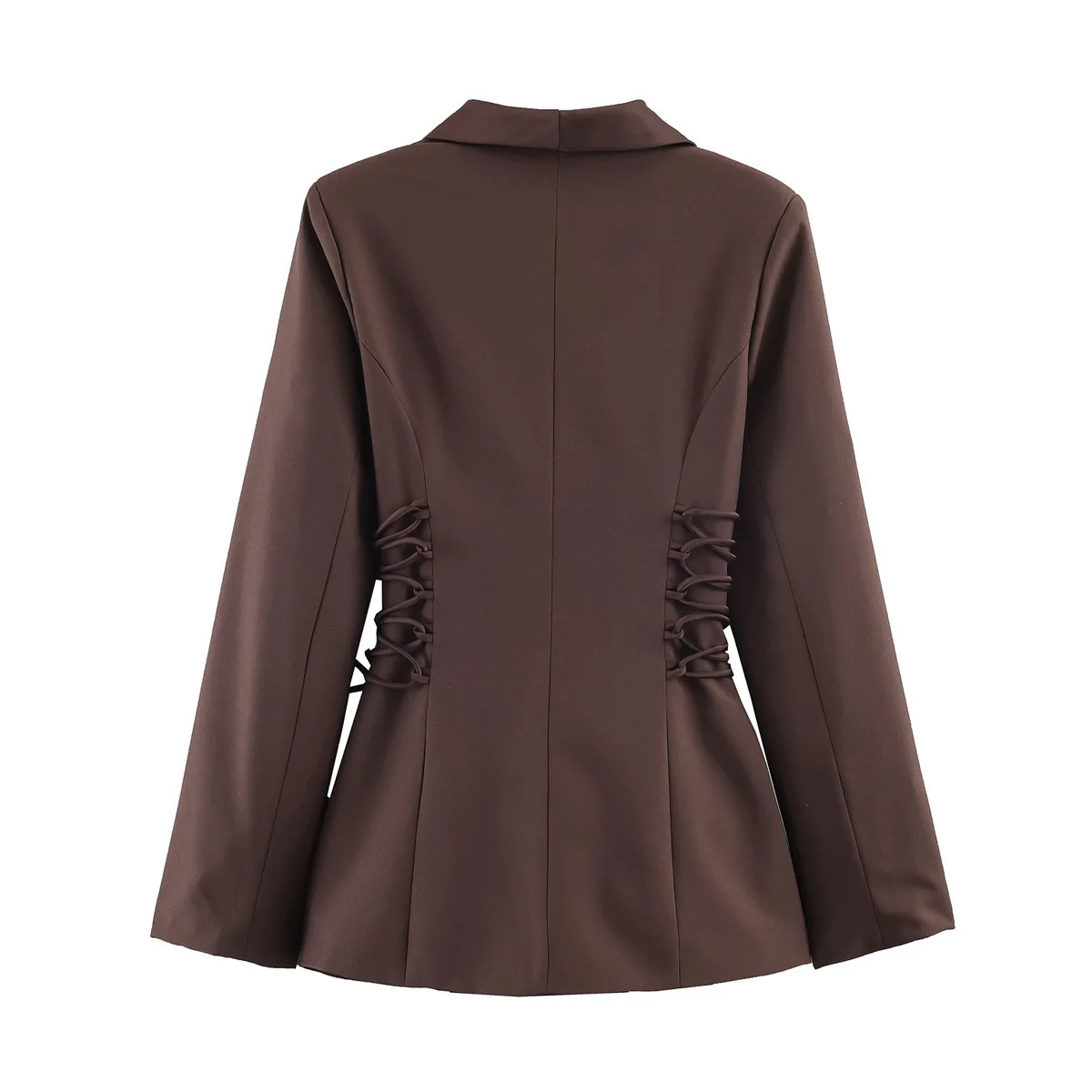 Damska marynarka w kolorze kawowego brązu, model 2026, elegancka, zapinana na sznurowadła z boku, dwurzędowa, szykowna marynarka biurowa, modna odzież wierzchnia.