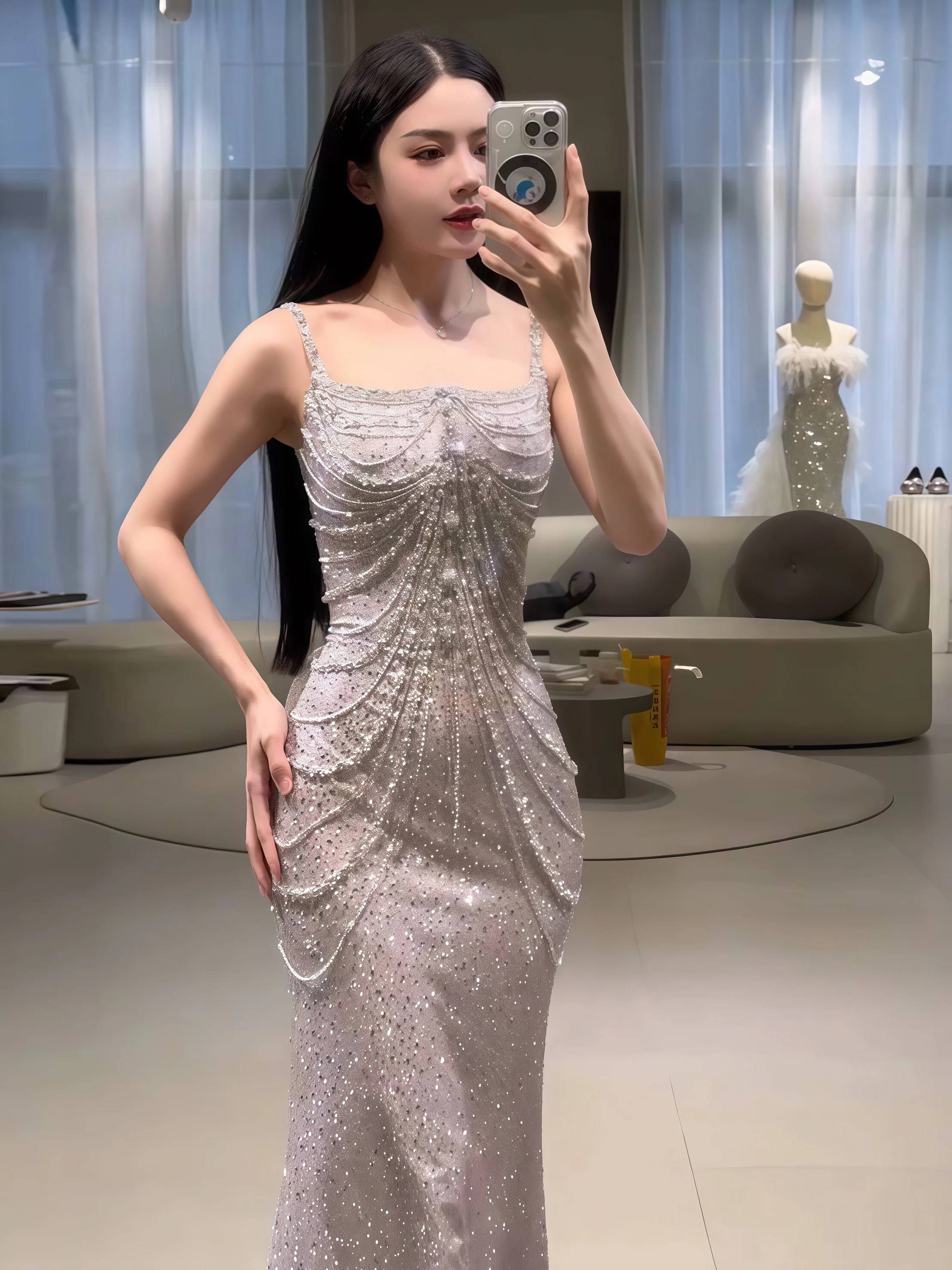 Extravagant Silver Prom Dress Mermaid Spaghetti Strap Cuffless Beaded Decoration Formal Occasion Celebrity Evening Dress New