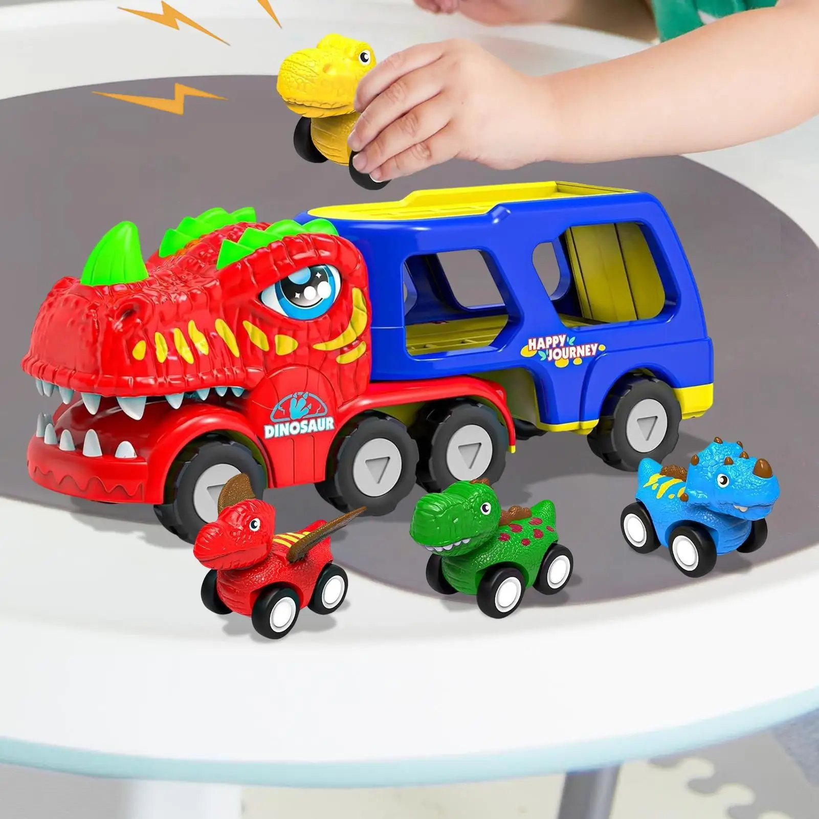 恐竜輸送トラック ライトアップ 電動キッズトラックおもちゃ 4台のプルバックカー付き 誕生日パーティー 恐竜輸送キャリア