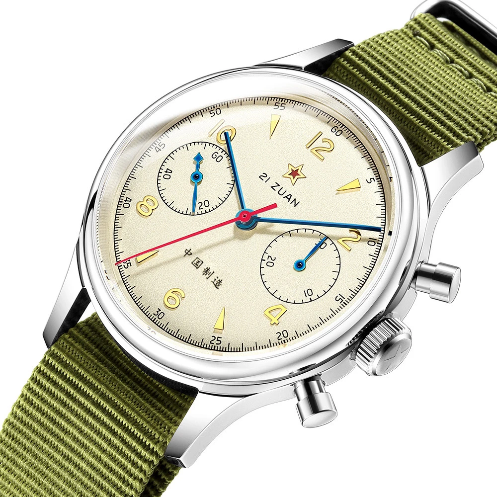 Red Star Retro 1963 Chronograaf ST1901 Handopwindende beweging Luchtmachtpiloten Luchtvaart Saffier Heren Mechanisch horloge Waterdicht - afbeelding 2