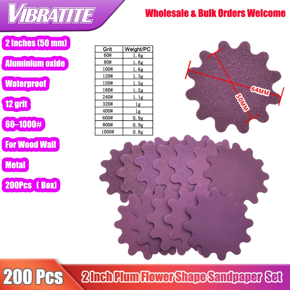 200Pcs 2 Inch Plum Flower Shape Hook&Loop Sanding Disc 60#-1000# Wet Dry Abrasive Paper for Bowl Type Hand Wood Metal Polishing