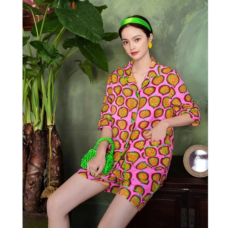 

2024 New Spring Women's Geommetric Printed Fruit Pajamas Set Loungewear Sleepwear for Women Vibrant 2 Pieces Short Sleeve Pyjama