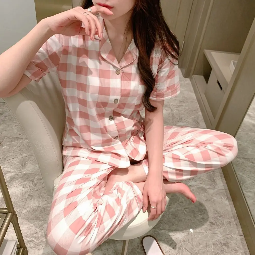 

Sweet Short Sleeve Grid Pajama Suit Slim Fit Women Sleepwear Tops Pants Nightwear V Neck Two Pieces Pajama Sets Summer