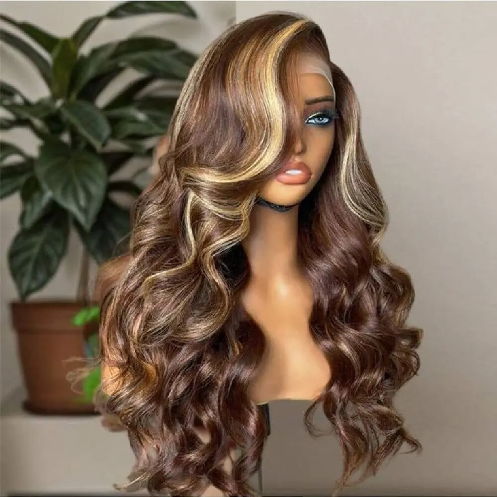 

P4/27 Highlight Brown Body Wave 13x4 5x5 Glueless Human Hair Wig Honey Blonde Colored Lace PrePlucked 30 34 Inch Wig For Women