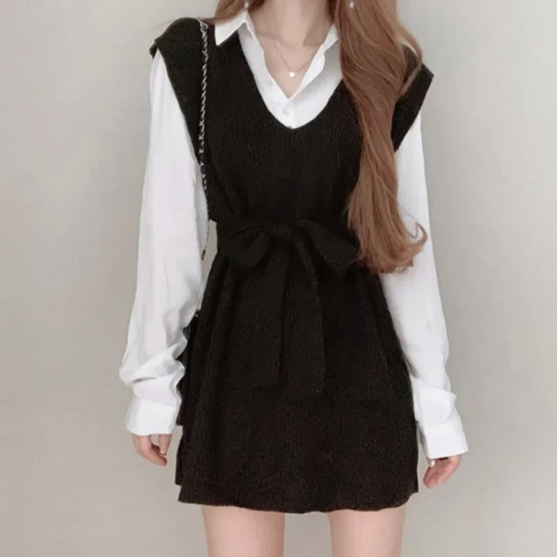 بسيط الخامس الرقبة الدانتيل يصل سترة اللباس الكورية شيك الخريف الشتاء منتصف طول سميكة سترة دون أكمام بلون الدافئة فساتين متماسكة