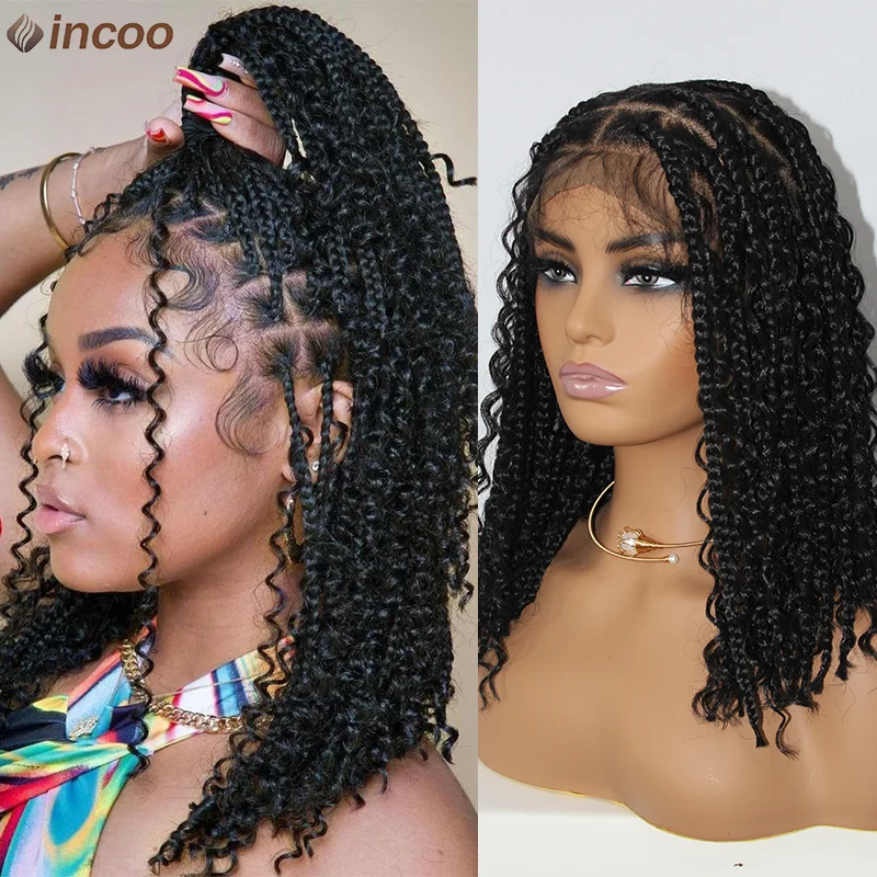 Short Bohemian Curly Braided Full Lace Front Wigs Knotless Box Braid Bob Wig For Women 12' Synthetic Locs Goddess Cornrow Braids