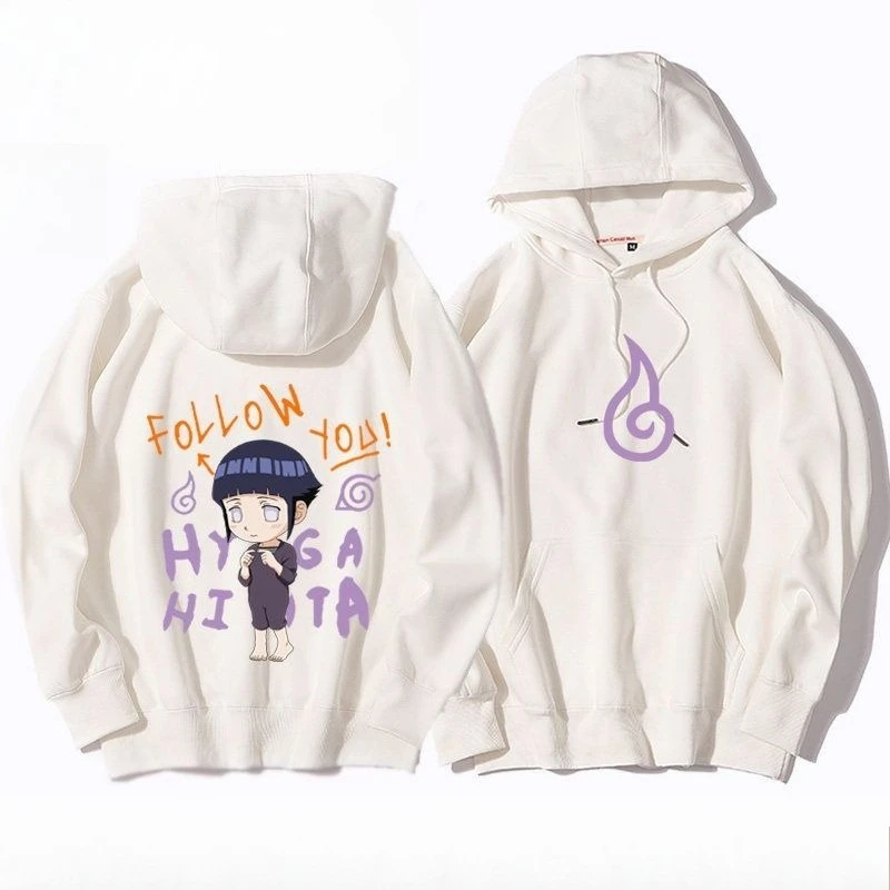 

NARUTO OFFICIAL White Hoodie Hyuga Hinata Character with Follow You Text Purple Flame Design Licensed Anime Apparel​​