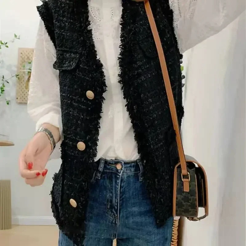 Autumn Winter V-neck Single-breasted Knitted Vest All-match Sleeveless Pockets Soft Women Sweater Korean Fashion Streetwear Tops