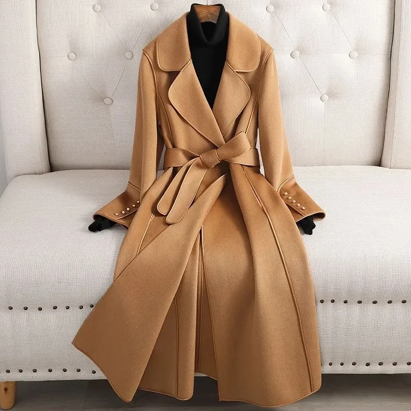 Red Double-sided Cashmere Coat For Women\'s Woolen Windbreaker 2023 Autumn/Winter New Lady Slim High end Wool Overcoat