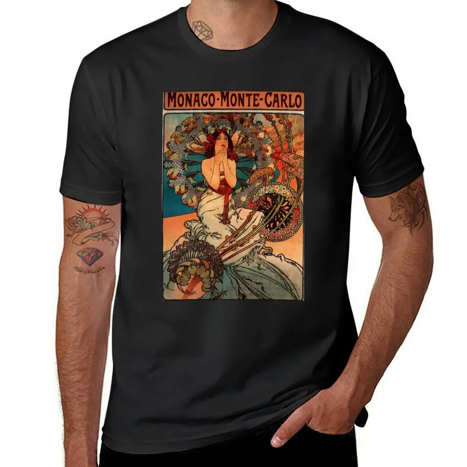 Monaco' by Alphonse Mucha (Reproduction) T-Shirt heavyweights vintage korean fashion tees Short sleeve tee men