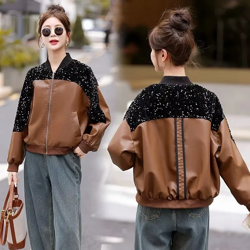 Stock New Splicing Fashion Velvet Sequin Biker Jacket Baseball Jacket Leather Jacket Short Coat Everything Casual Fashion Simple