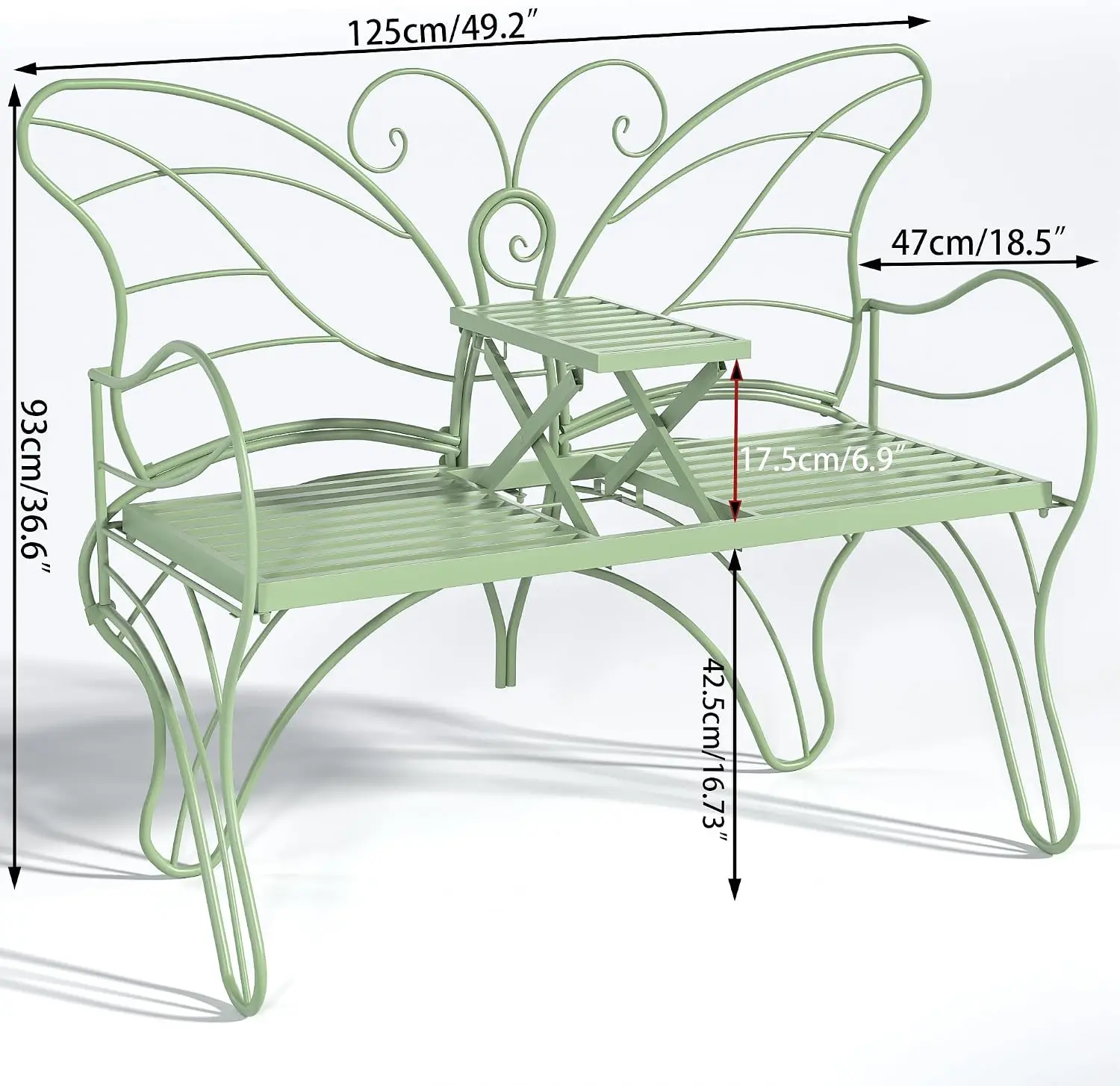 Outdoor Metal Garden Bench, Butterfly Seating Front Porch Backyard Furniture, Built In Foldable Middle Table Rust Resistant Weatherproof Frame, Vintage Park Style, Green, 1 Piece