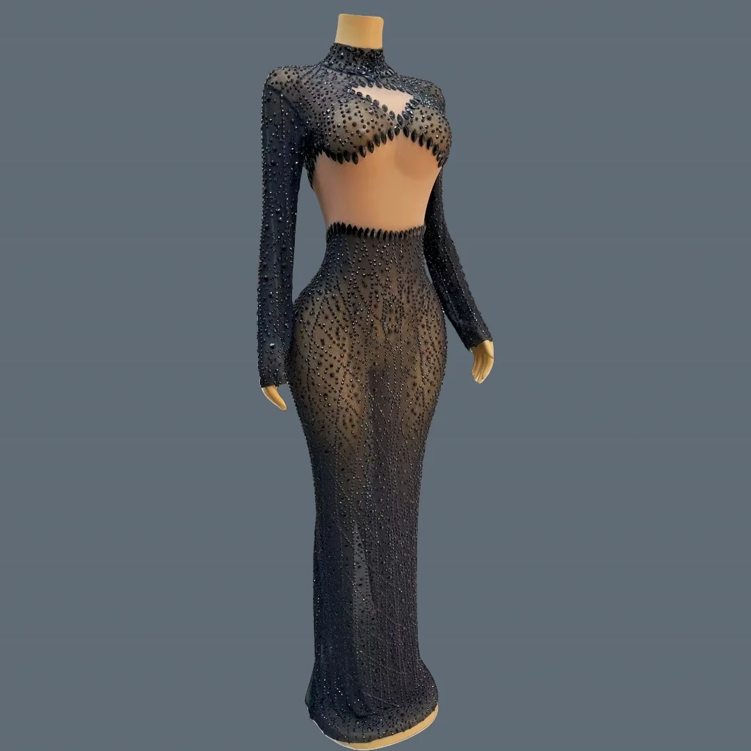 Sparkly Zwarte Strass Mesh Sheer Sexy Avondjurk Nachtclub Verjaardagsfeestje Elegante Lange Mouw Jurk Fotoshoot Wear Qinghu