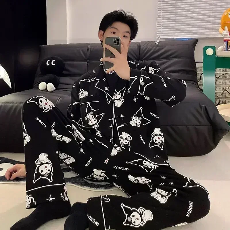Kawaii Sanrio Hello Kitty Couple Pajamas Man Autumn Cute Long Sleeved Men Kuromi Pyjamas Sets Loose Home Wear Trousers Suit Gift