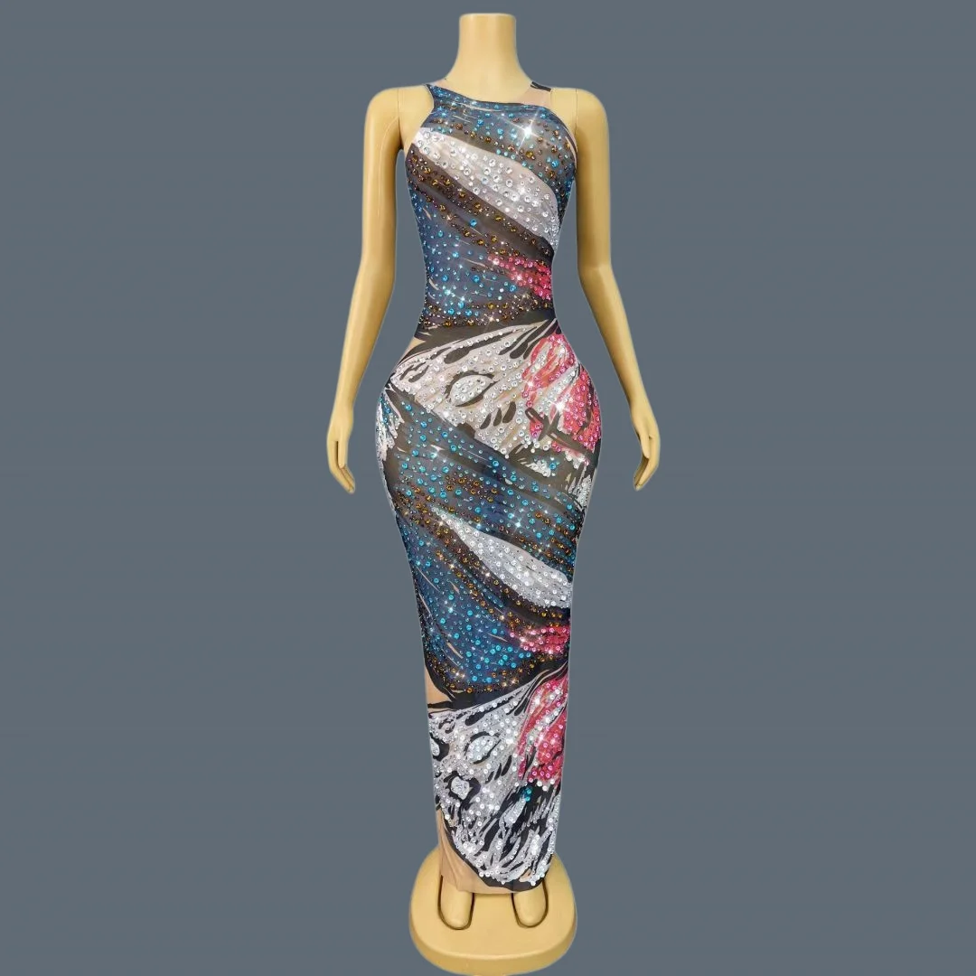 

Sparkly Rhinestone Printing Sleeveless Cocktail Dress Women Sexy Mesh See Through Birthday Party Celebrate Evening Gown Huadie