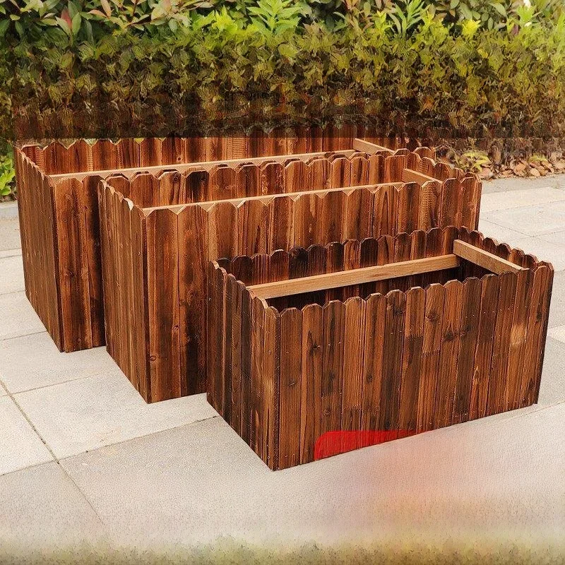 Large Size Rectangular Carbonized Anti-corrosion Wood Flower Bed Outdoor Courtyard Planting Box Balcony Landscape Garden
