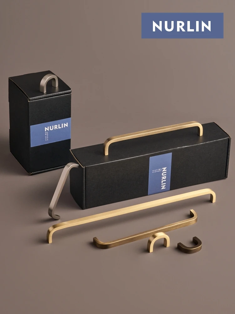 Nurlin Solid Brass Bent Design Cabinet Door Handles Simple Style Multiple Sizes Drawer Pulls for Wardrobes
