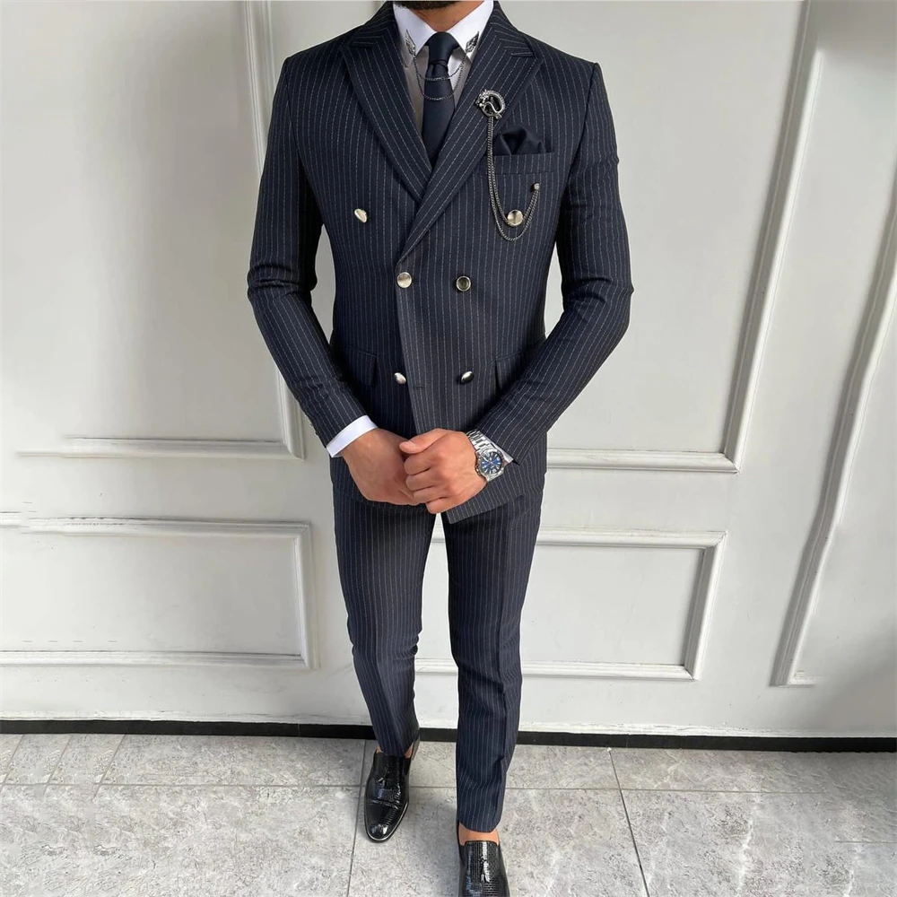 

Elegent Navy Blue Striped Suits Mens Double Breasted Business Blazer Wedding Groom Tuxedo 2 Piece Jacket Pants Terno Masculino