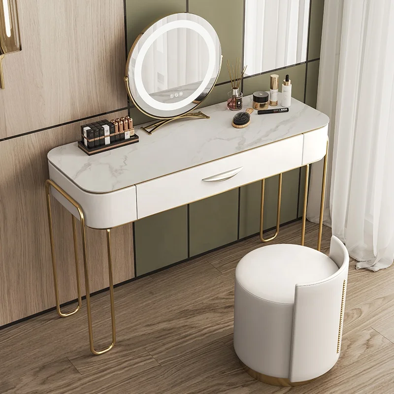 Luxury Solid Wood Rock Slate Table Top Dressing Table with Mirror with Chair Makeup Set