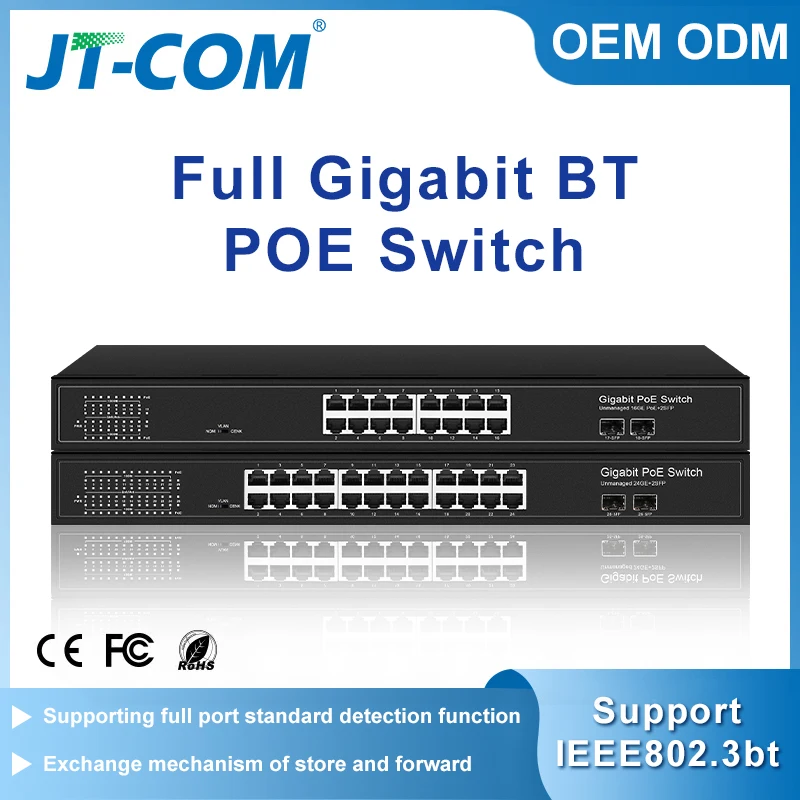 

JT-COM 26-Port Gigabit BT Ethernet POE Switch 2*1000Base-T POE Ports + 22*1000M POE Ports + 2*1.25G SFP Switches